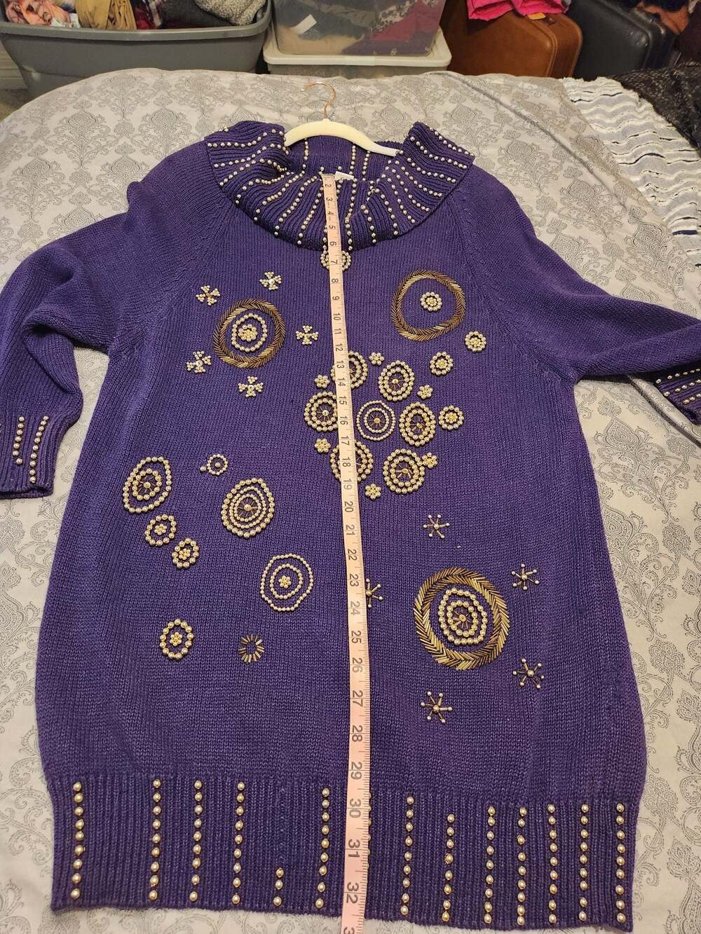 90s Y2K Vintage Purple Beaded Cowl Neck Tunic Sweater - Picture 5 of 14